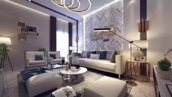 Modern living room in Burj Al Jinnah 3-bedroom flat with white L-shaped sofa, blue cushions, glass coffee table, patterned wa