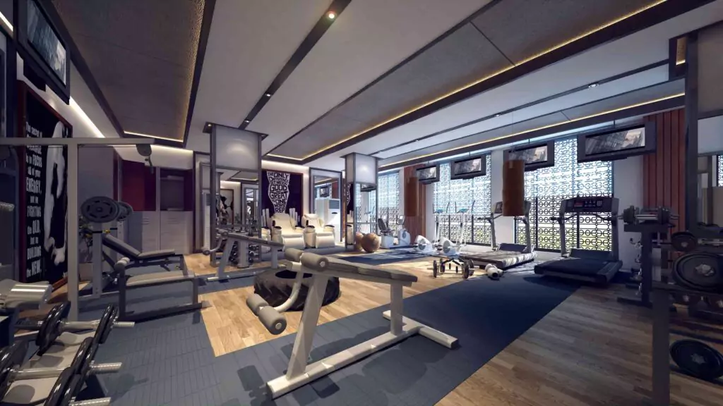 Burj Al Jinnah 3-Bedroom Flat For Sale with Private Garden at Main Jinnah Avenue Opposite Malr Cantt Karachi (3) Spacious modern gym in Burj Al Jinnah with treadmills, weight benches, racks, dumbbells, and large windows