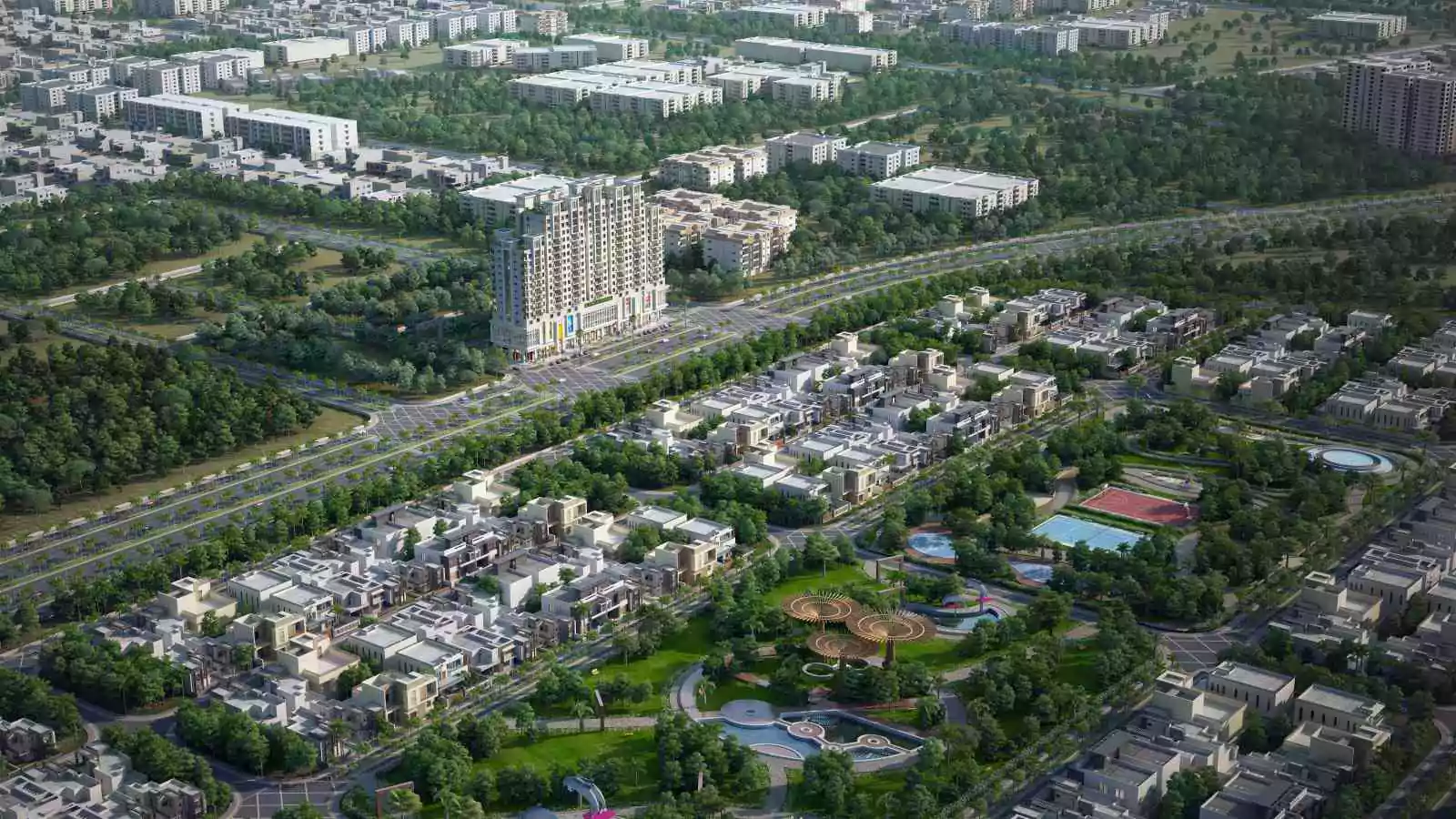 Burj Al Jinnah 3-Bedroom Flat For Sale with Private Garden at Main Jinnah Avenue Opposite Malr Cantt Karachi (5) Aerial view of Burj Al Jinnah tower amid villas, landscaped gardens, pools, tennis court, and green spaces