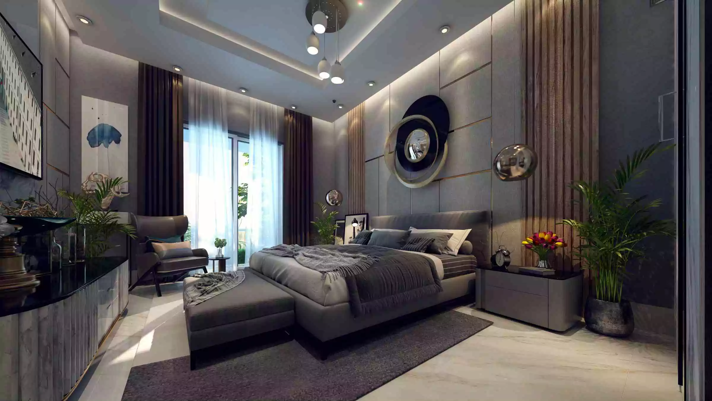 Burj Al Jinnah 3-Bedroom Flat For Sale with Private Garden at Main Jinnah Avenue Opposite Malr Cantt Karachi (8) Spacious master bedroom in Burj Al Jinnah 3-bedroom flat with king bed, balcony to private garden, modern grey decor and plan