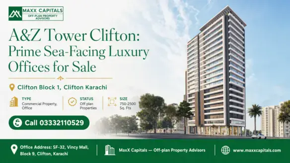 A&Amp;Z Tower Clifton, A Modern High-Rise With Glass Facades And Surrounding Greenery In Clifton Block 1, Karachi.