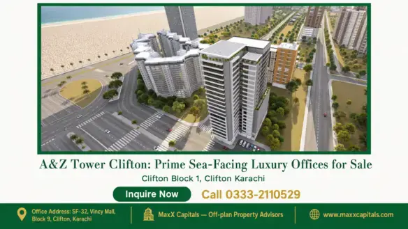 Aerial view of A&Z Tower Clifton in Karachi's Block 1, featuring modern skyscrapers, lush greenery, and a sea-facing location