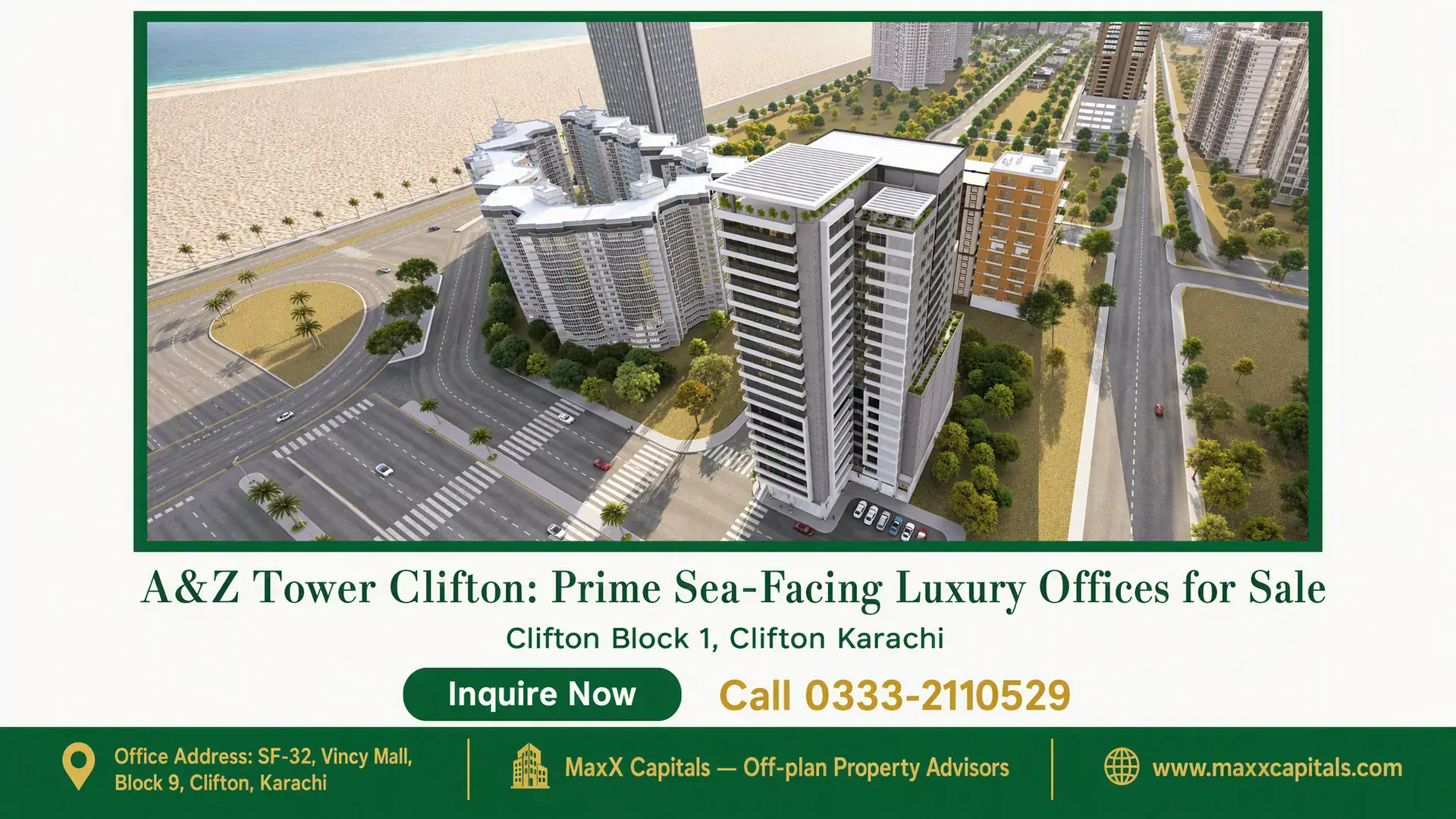 A&Z Tower Clifton: Prime Sea-Facing Luxury Offices for Sale Aerial view of A&Z Tower Clifton in Karachi's Block 1, featuring modern skyscrapers, lush greenery, and a sea-facing location