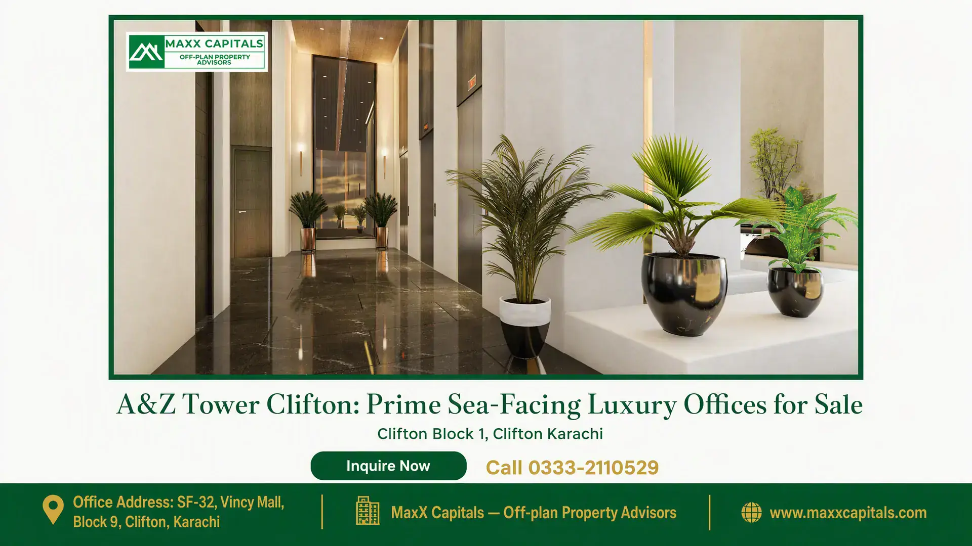 A&Z Tower Clifton: Prime Sea-Facing Luxury Offices for Sale Luxury office lobby in A&Z Tower Clifton with marble flooring, modern elevators, elegant lighting, and decorative plant arran