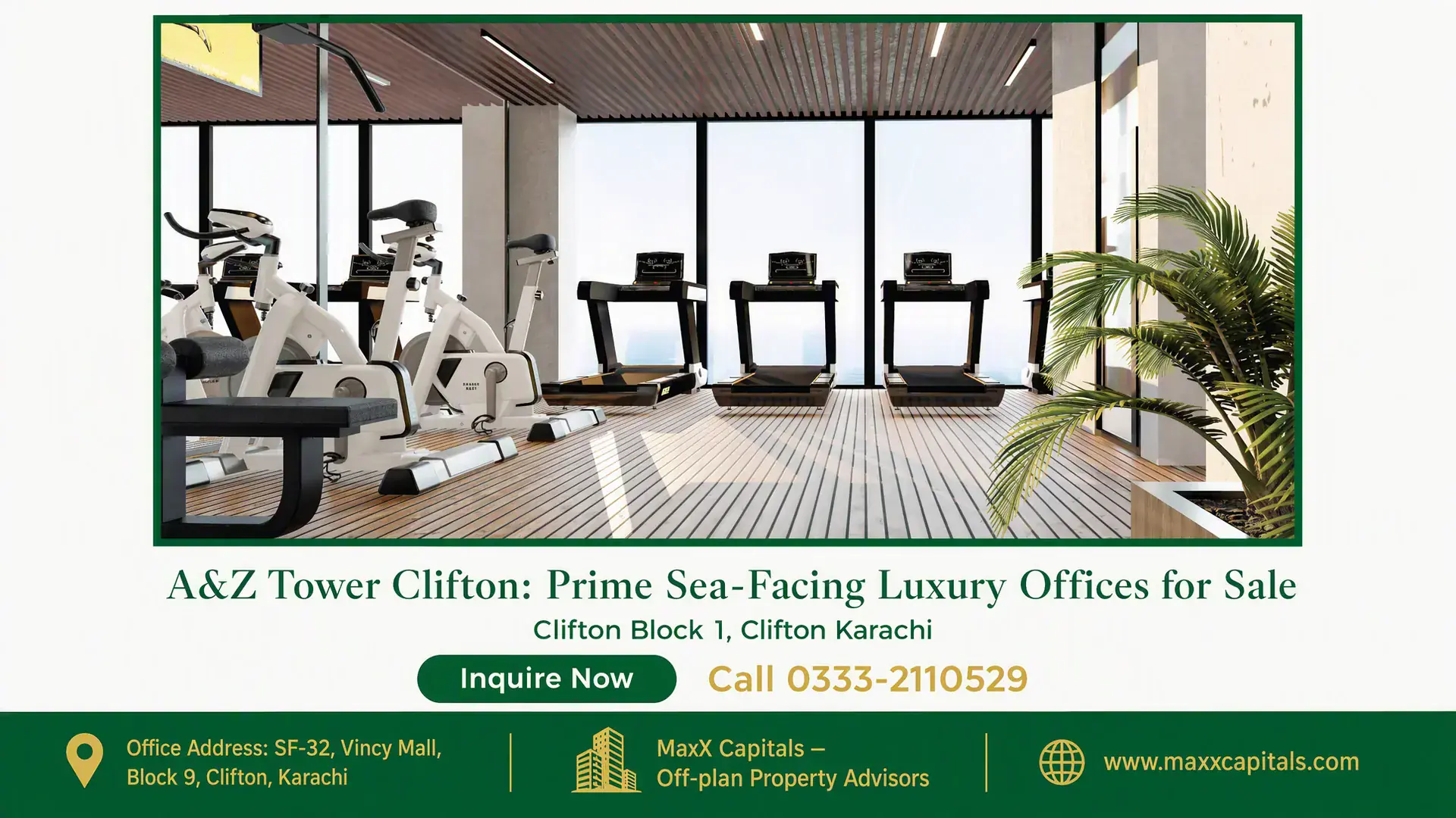 A&Z Tower Clifton: Prime Sea-Facing Luxury Offices for Sale Luxury fitness area in A&Z Tower Clifton featuring treadmills, exercise bikes, and wooden flooring with sea-facing glass pane
