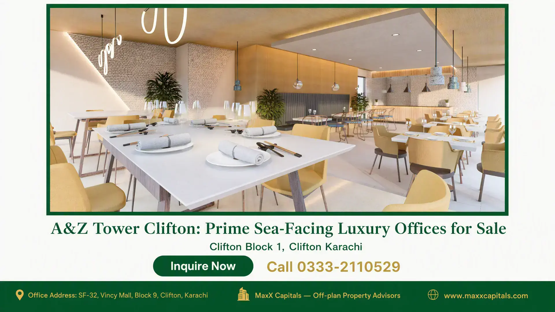 A&Z Tower Clifton: Prime Sea-Facing Luxury Offices for Sale Modern dining and collaboration area at A&Z Tower Clifton featuring minimalist interiors, elegant lighting, and premium furni