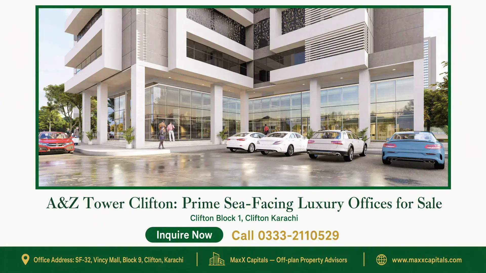 A&Z Tower Clifton: Prime Sea-Facing Luxury Offices for Sale Modern A&Z Tower Clifton building with glass facade, pillar-supported entrance, parked cars, and landscaped surroundings in K