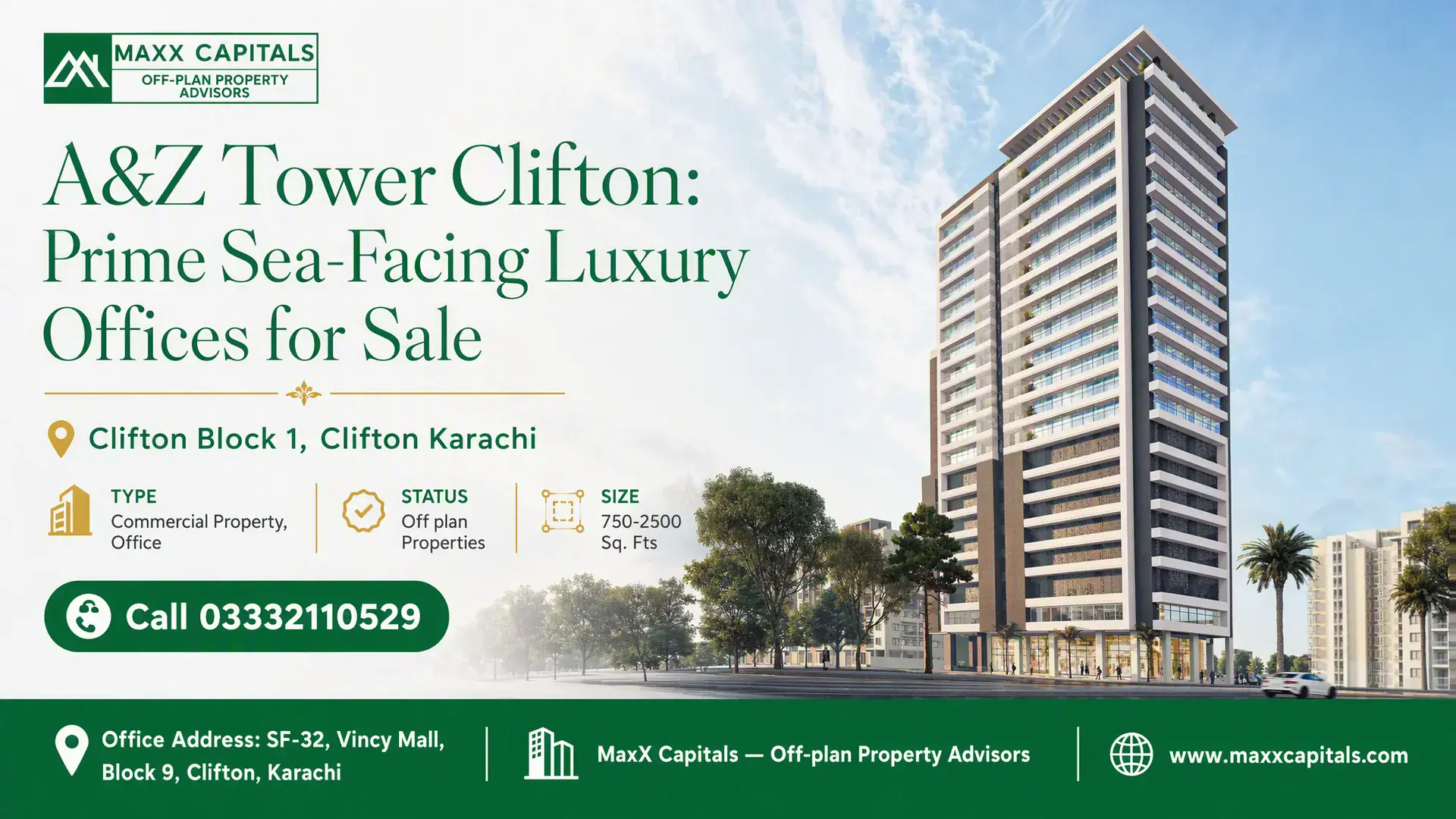 A&Z Tower Clifton: Prime Sea-Facing Luxury Offices for Sale A&Z Tower Clifton, a modern high-rise with glass facades and surrounding greenery in Clifton Block 1, Karachi.