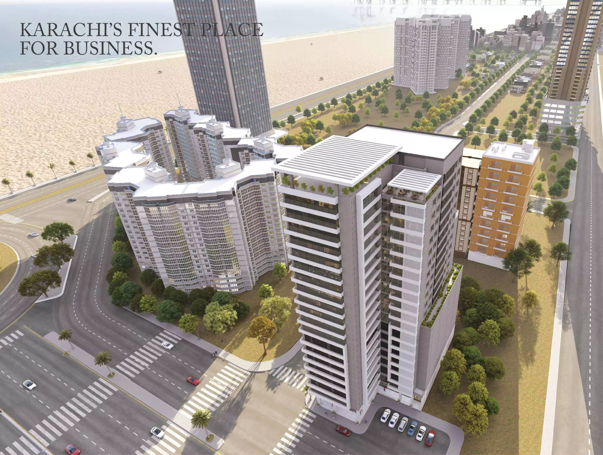 A&Z Tower Clifton Prime Sea-Facing Luxury Offices for Sale In Clifton Block 1, Clifton Karachi (1) A&Z Tower Clifton sea-facing luxury office high-rise with modern curved facade, surrounded by beach, roads, greenery, and adj