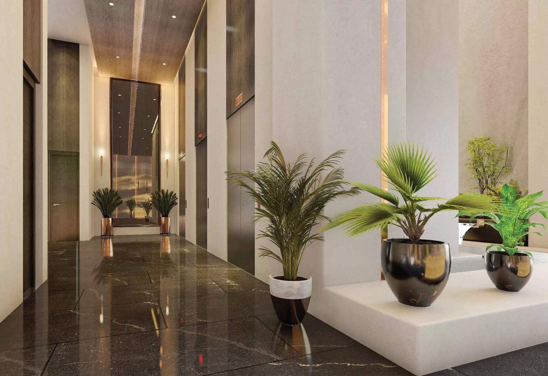 A&Z Tower Clifton Prime Sea-Facing Luxury Offices for Sale In Clifton Block 1, Clifton Karachi (2) Elegant lobby corridor in A&Z Tower Clifton with elevators, large mirrors, potted palms, and polished marble floors
