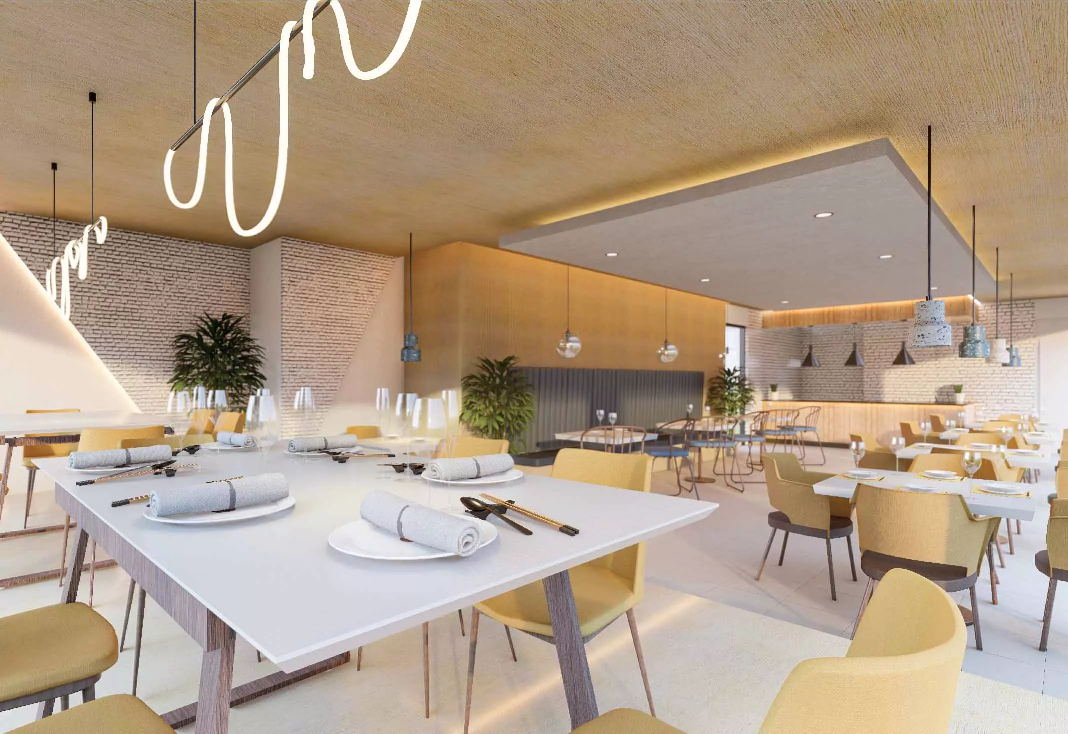 A&Z Tower Clifton Prime Sea-Facing Luxury Offices for Sale In Clifton Block 1, Clifton Karachi (4) Modern lounge in A&Z Tower Clifton with white tables, yellow chairs, neon wavy lights, brick wall, plants, and open kitchen