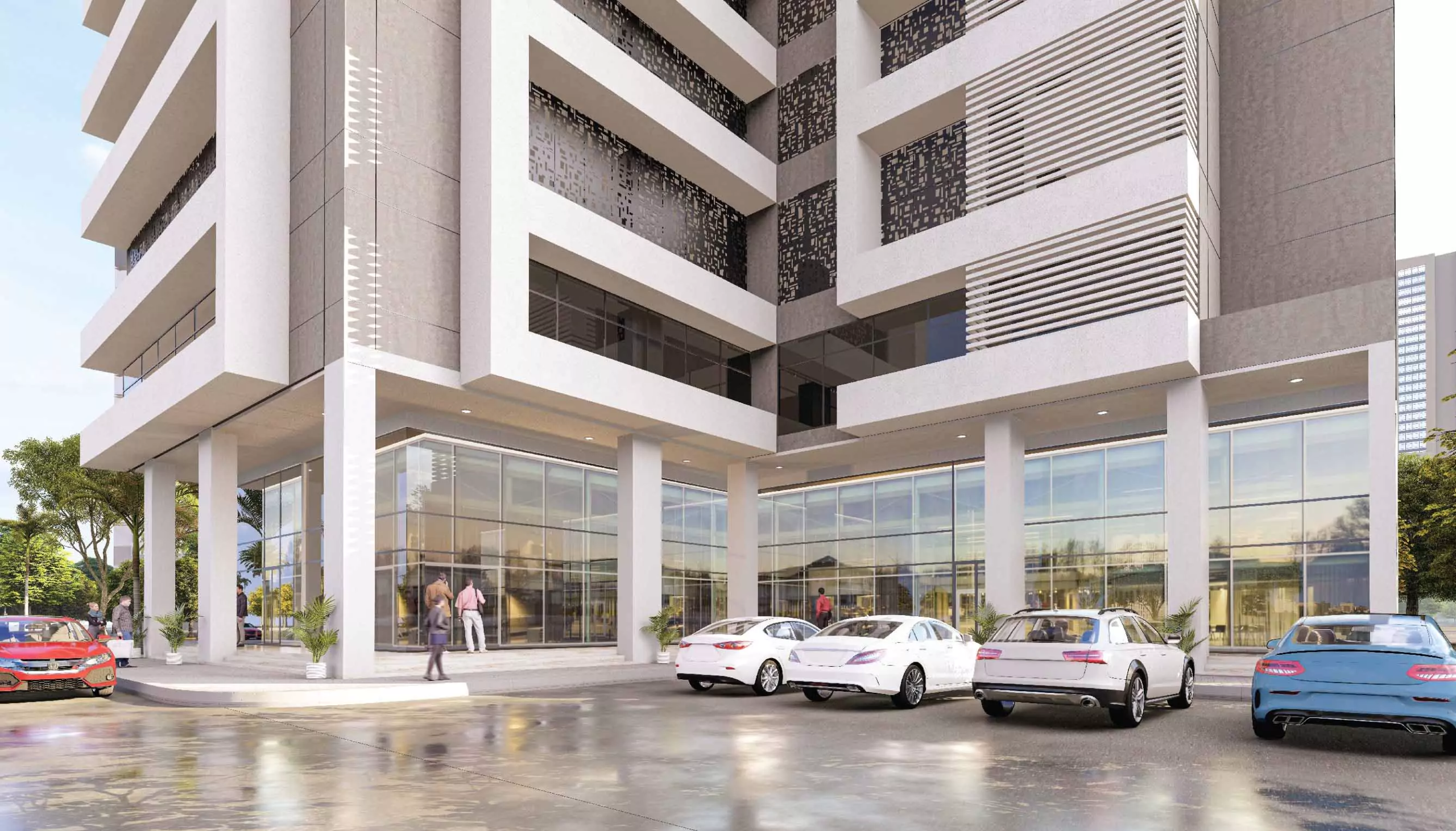 A&Z Tower Clifton Prime Sea-Facing Luxury Offices for Sale In Clifton Block 1, Clifton Karachi (5) Corner view of A&Z Tower Clifton modern luxury office building with glass facade, multi-floor balconies, entrance lobby, park