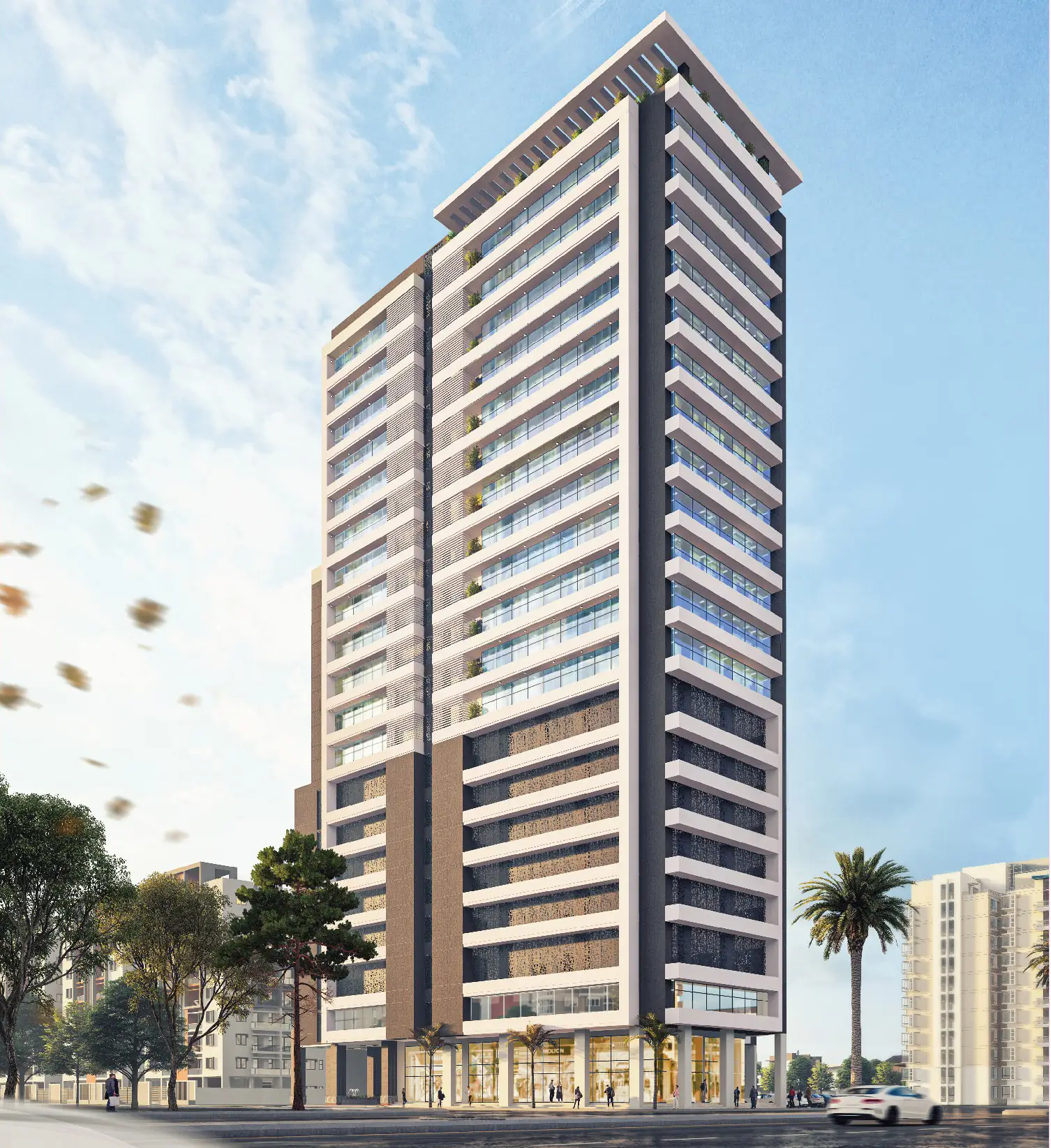 A&Z Tower Clifton Prime Sea-Facing Luxury Offices for Sale In Clifton Block 1, Clifton Karachi A&Z Tower Clifton sea-facing luxury office tower exterior with modern glass facades, balconies, and palm trees