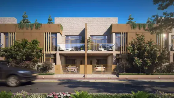 Modern semi-detached villas in Titan Enclave Karachi with beige stone facades, wooden accents, balconies, greenery, gated ent