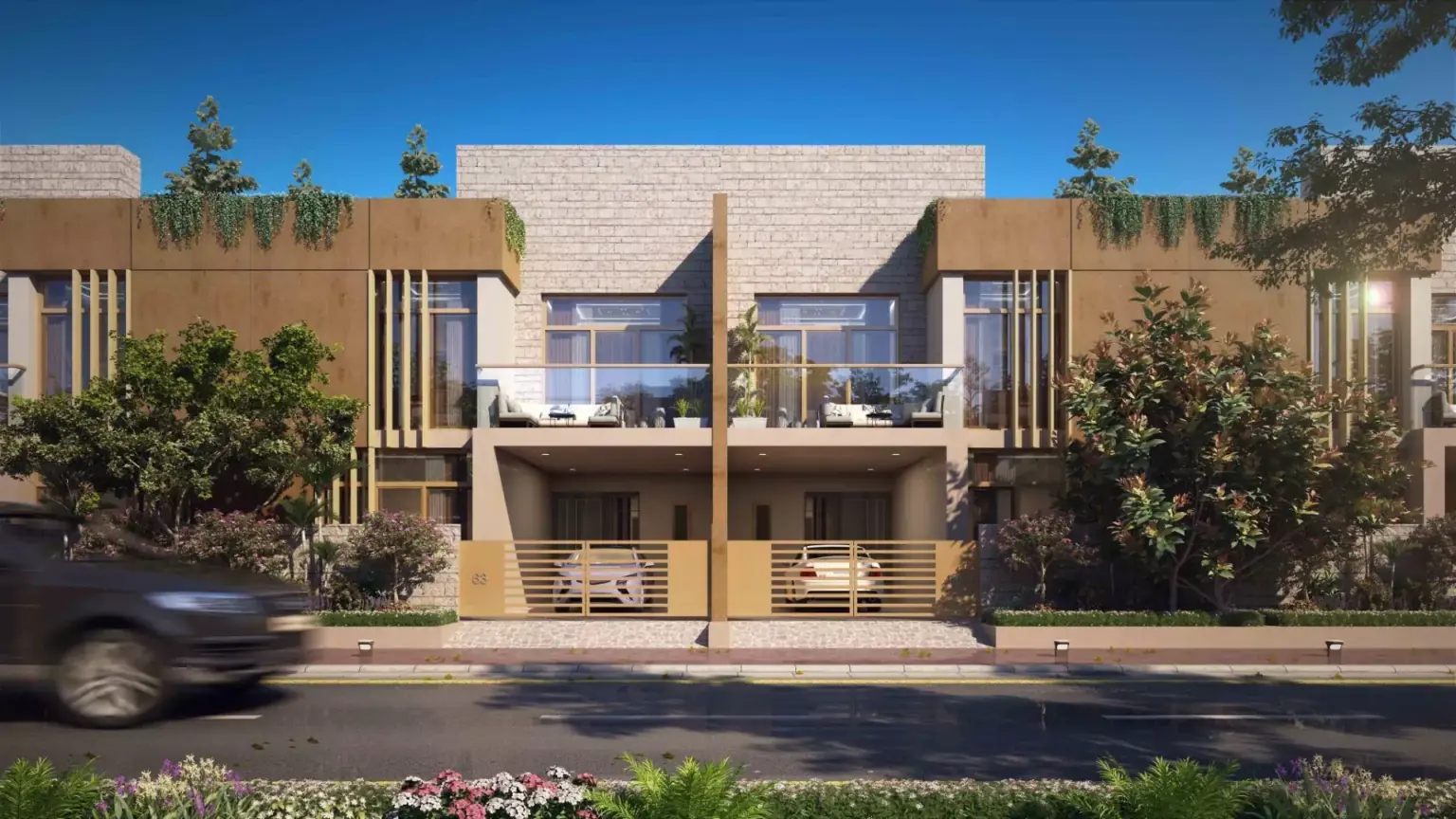 Titan Enclave: 120 Yd Residential Plot New Booking in Karachi – N-5 Highway Modern semi-detached villas in Titan Enclave Karachi with beige stone facades, wooden accents, balconies, greenery, gated ent