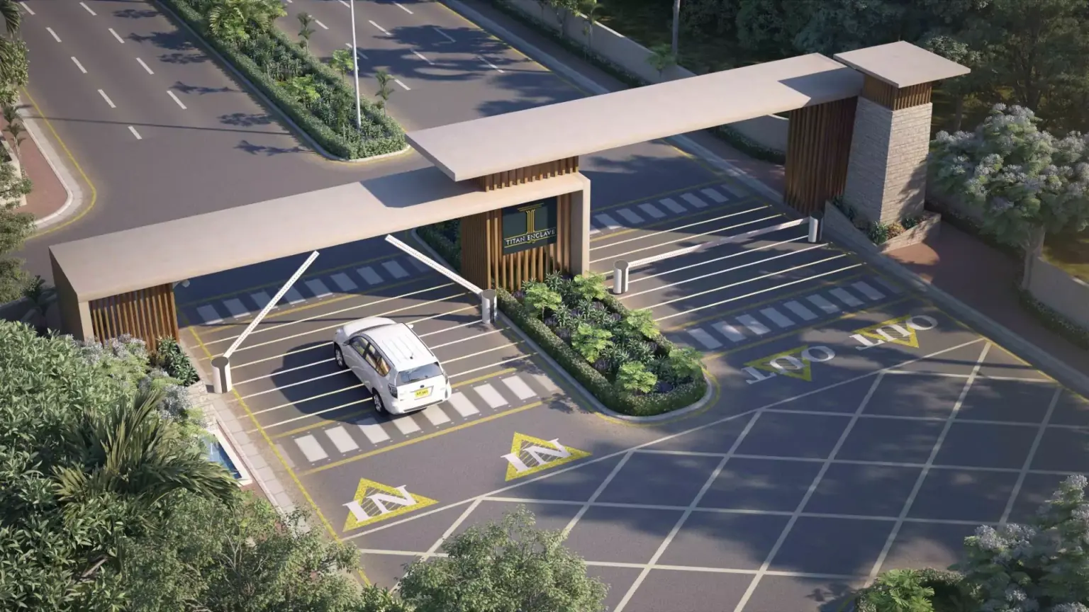 Titan Enclave: 120 Yd Residential Plot New Booking in Karachi – N-5 Highway Titan Enclave gated entrance in Karachi with modern wooden gate, parking area, yellow pedestrian crossings, and landscaped gr