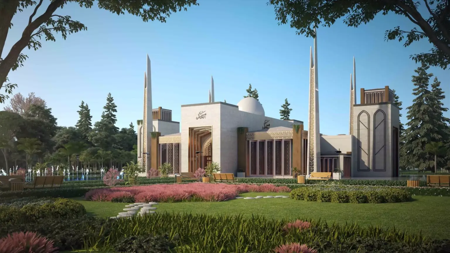 Titan Enclave: 120 Yd Residential Plot New Booking in Karachi – N-5 Highway Titan Enclave grand mosque with tall minarets, white arched facade, landscaped gardens, pink flower beds, pathways, trees, an