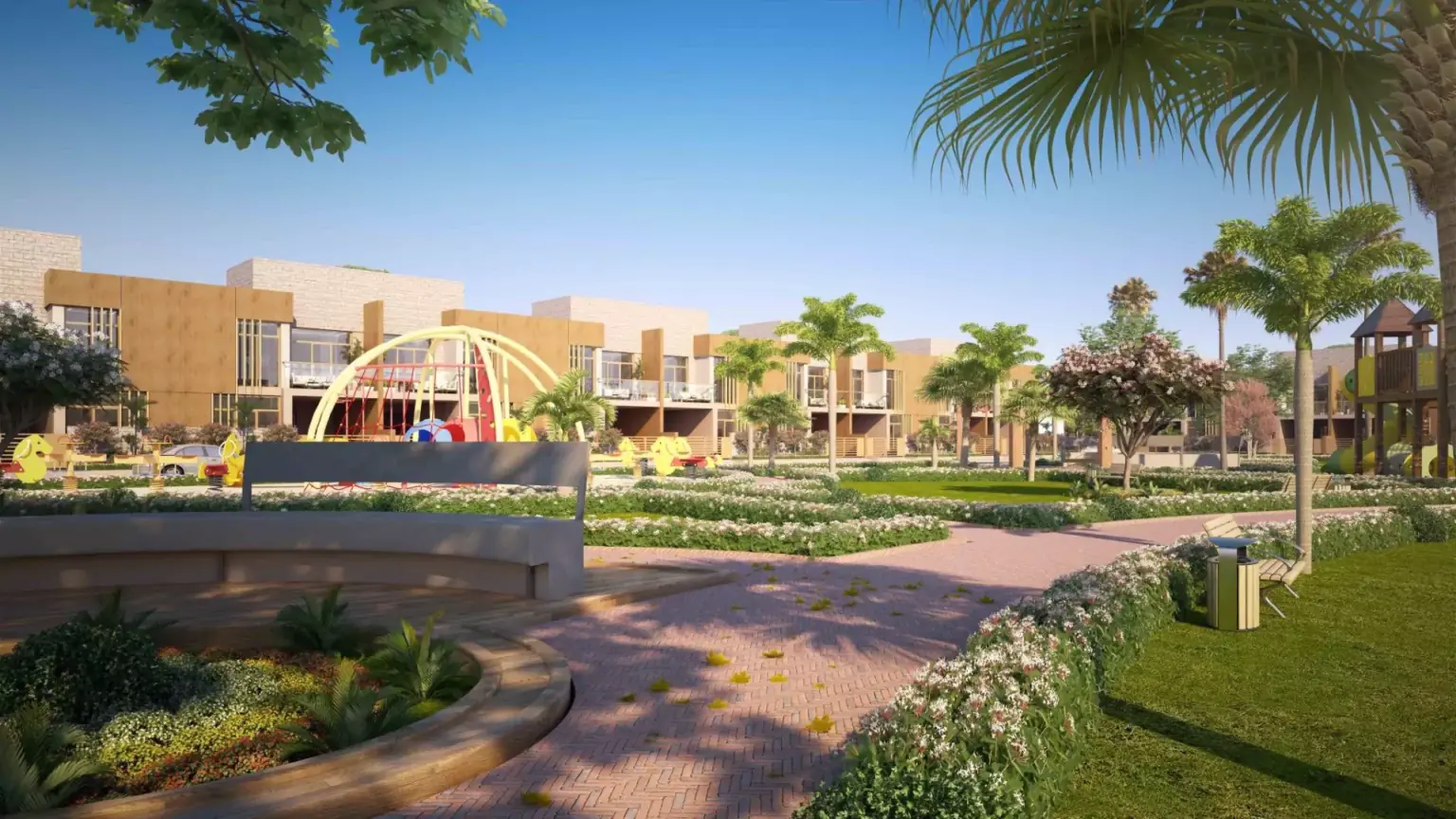 Titan Enclave: 120 Yd Residential Plot New Booking in Karachi – N-5 Highway Modern beige villas, colorful playground, palm trees, pathways and landscaped gardens in Titan Enclave, Karachi