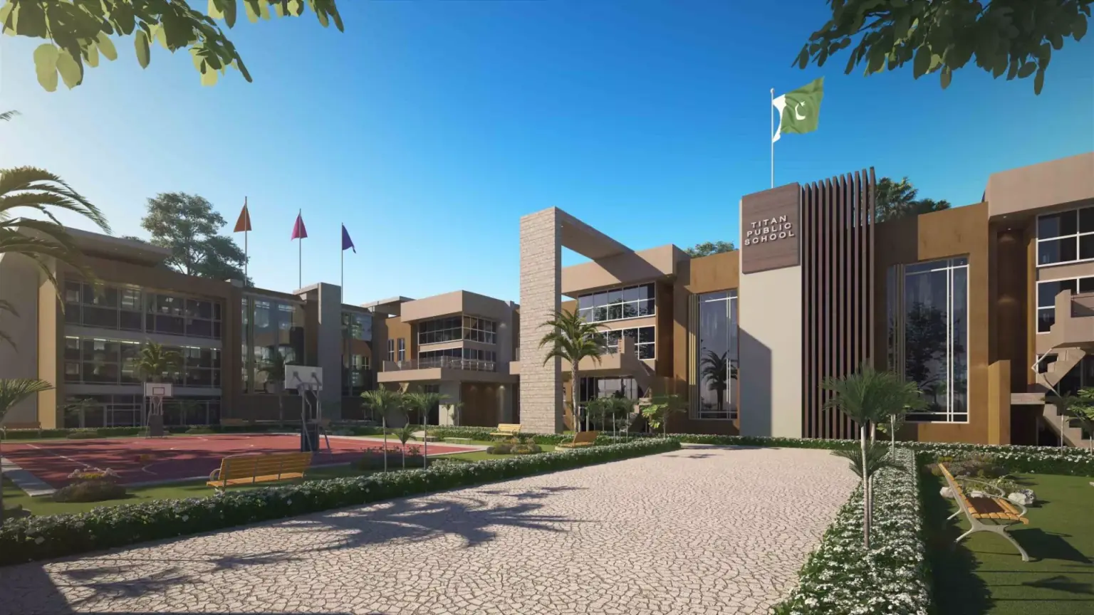 Titan Enclave: 120 Yd Residential Plot New Booking in Karachi – N-5 Highway Modern entrance gate of Titan Enclave in Karachi with beige buildings, basketball court, palm trees, Pakistani flag, and land