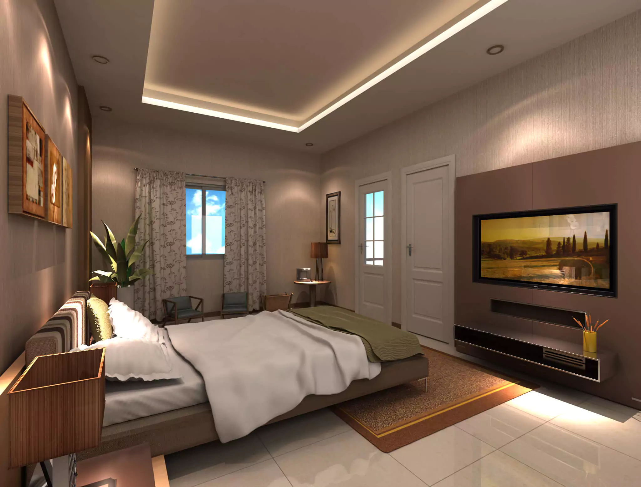 Bedrooms Design 2 Cliff Vista Apartments Luxury 3-Bedroom Flats in Karachi Spacious master bedroom in Cliff Vista Apartments luxury 3-bedroom flat with king bed, wall-mounted TV, plants, artwork, and