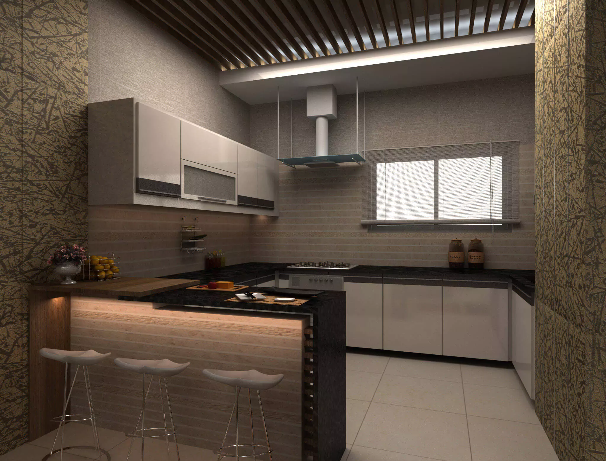 Kitchen Design In Cliff Vista Apartments Luxury 3-Bedroom Flats in Karachi Modern kitchen with white cabinets, black breakfast bar, bar stools, and window in Cliff Vista Apartments luxury 3-bedroom fl