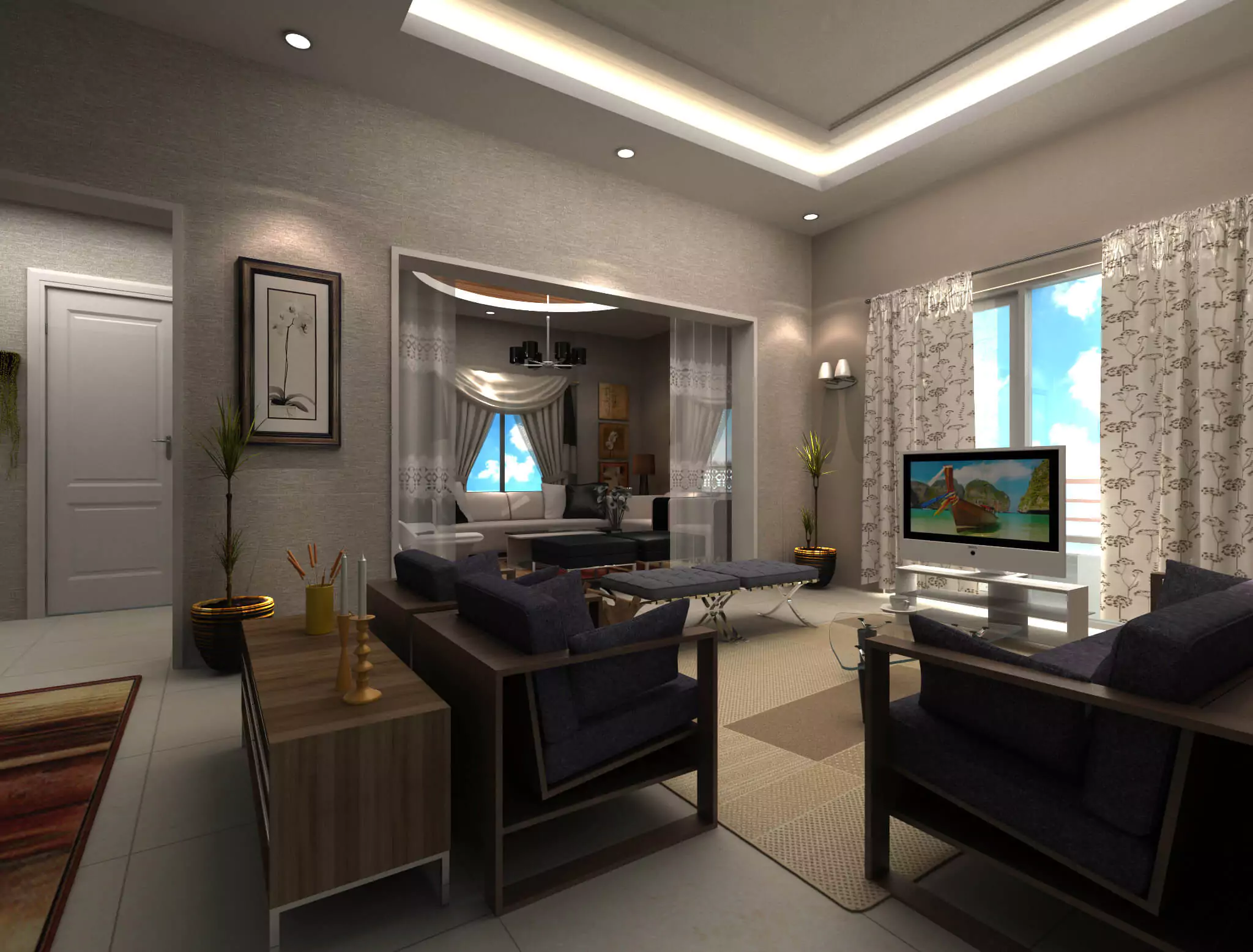 Lounge In Cliff Vista Apartments Luxury 3-Bedroom Flats in Karachi Spacious living room in Cliff Vista Apartments luxury 3-bedroom flat with blue sofas, TV, plants, large windows, and open bed