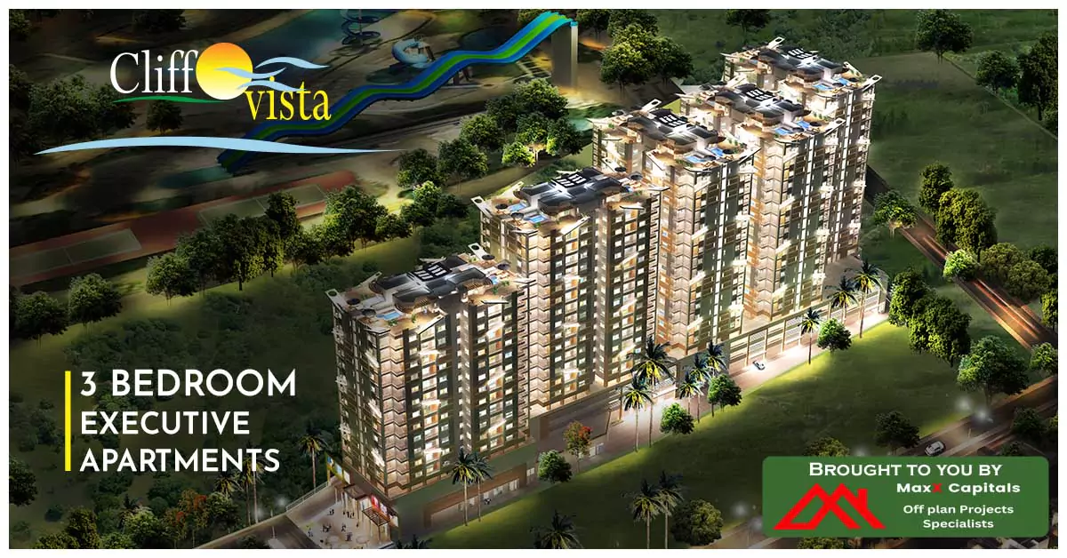 Main Elevation of Cliff Vista Apartments Luxury 3-Bedroom Flats in Karachi Aerial view of Cliff Vista Apartments showing multiple modern high-rise buildings with landscaped green surroundings and even