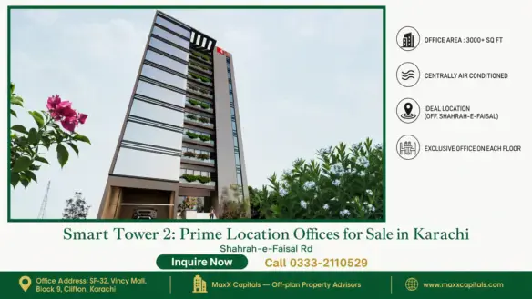 Smart Tower 2 with modern glass façade, vertical greenery accents, and a welcoming entrance in Karachi's prime location.