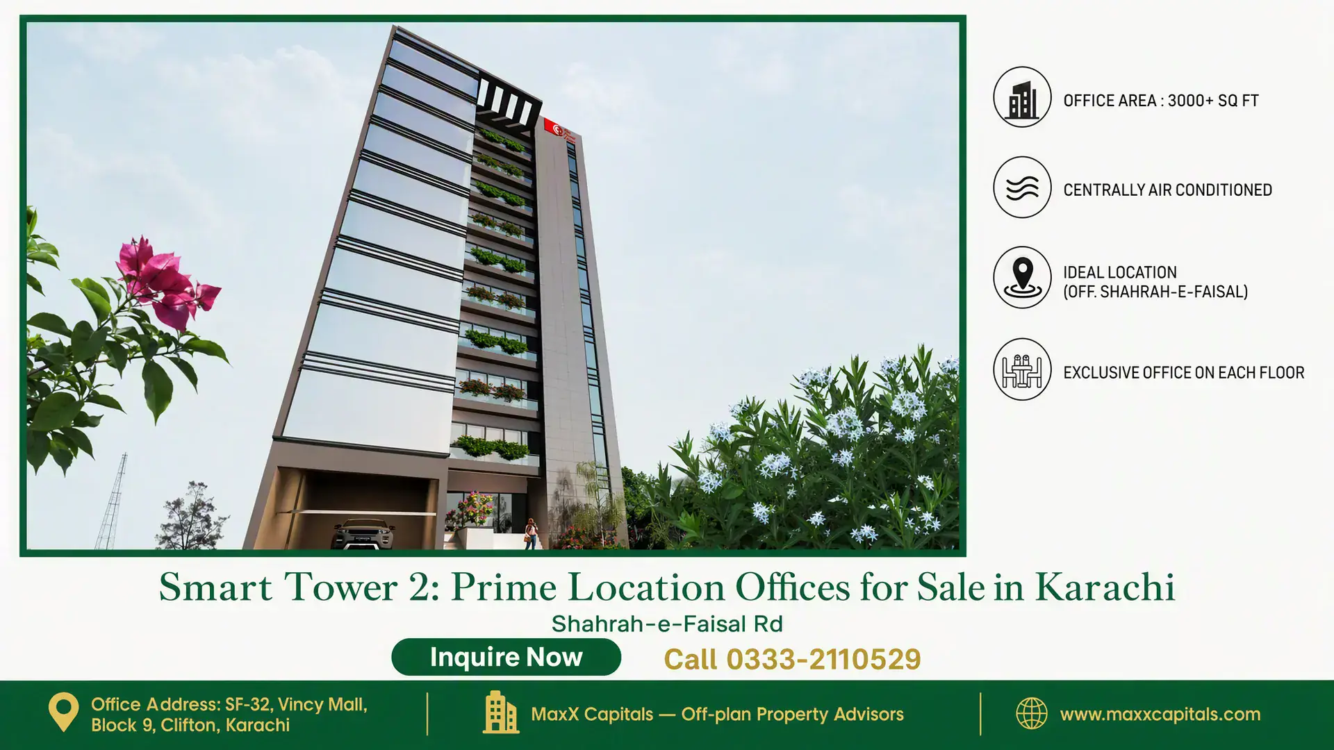 Smart Tower 2: Prime Location Offices for Sale in Karachi Smart Tower 2 with modern glass façade, vertical greenery accents, and a welcoming entrance in Karachi's prime location.