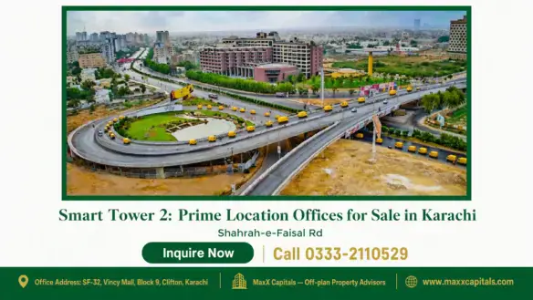 Aerial view of a modern highway interchange in Karachi with surrounding urban buildings and landscaped greenery near Smart To
