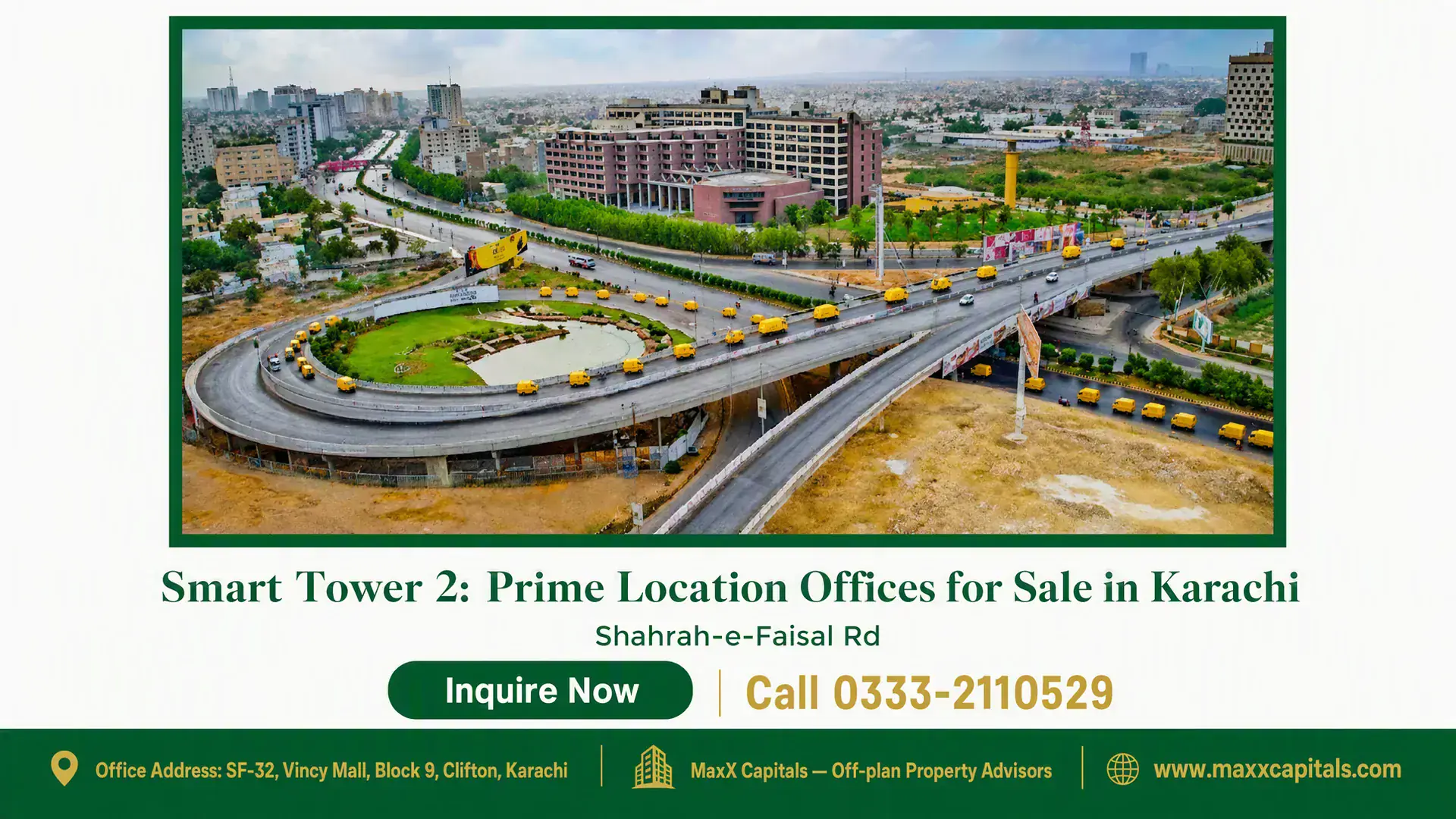 Smart Tower 2: Prime Location Offices for Sale in Karachi Aerial view of a modern highway interchange in Karachi with surrounding urban buildings and landscaped greenery near Smart To