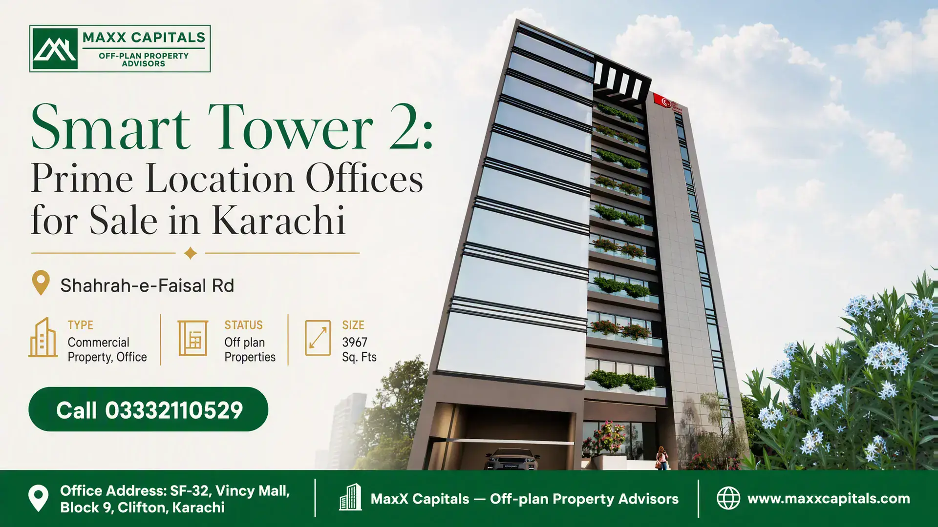 Smart Tower 2: Prime Location Offices for Sale in Karachi Modern Smart Tower 2 in Karachi with glass façade, landscaped balconies, and prime commercial facilities on Shahrah-e-Faisal