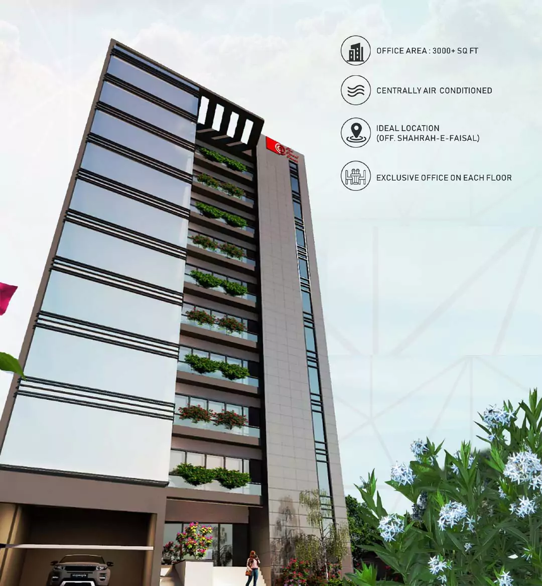 Smart Tower 2 Prime Location Offices for Sale in Karachi (1) Smart Tower 2 office tower in Karachi with glass facade, green balconies, parking entrance on Shahrah-e-Faisal