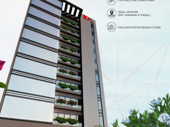 Smart Tower 2 Office Tower In Karachi With Sleek Glass Facade, Green Balcony Planters, And Modern Entrance
