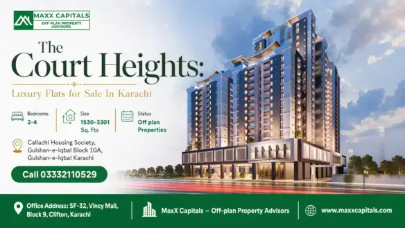 Nighttime View Of The Court Heights Luxury Residential Complex In Karachi With Modern Architecture And Illuminated Balconies.