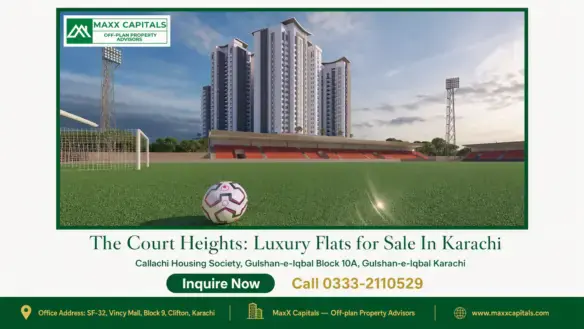 Luxury high-rise towers of The Court Heights in Karachi overlooking a green football field with stadium seating.