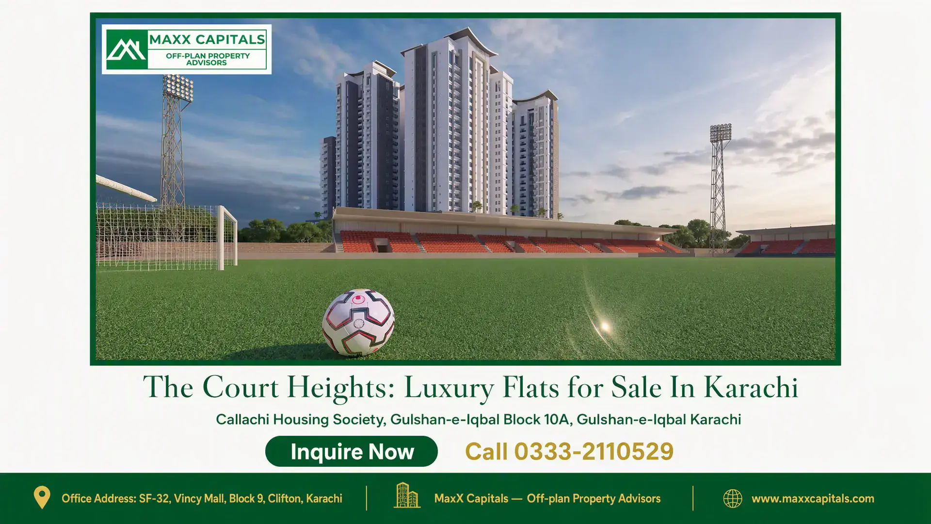 The Court Heights: Luxury Flats for Sale In Karachi Luxury high-rise towers of The Court Heights in Karachi overlooking a green football field with stadium seating.
