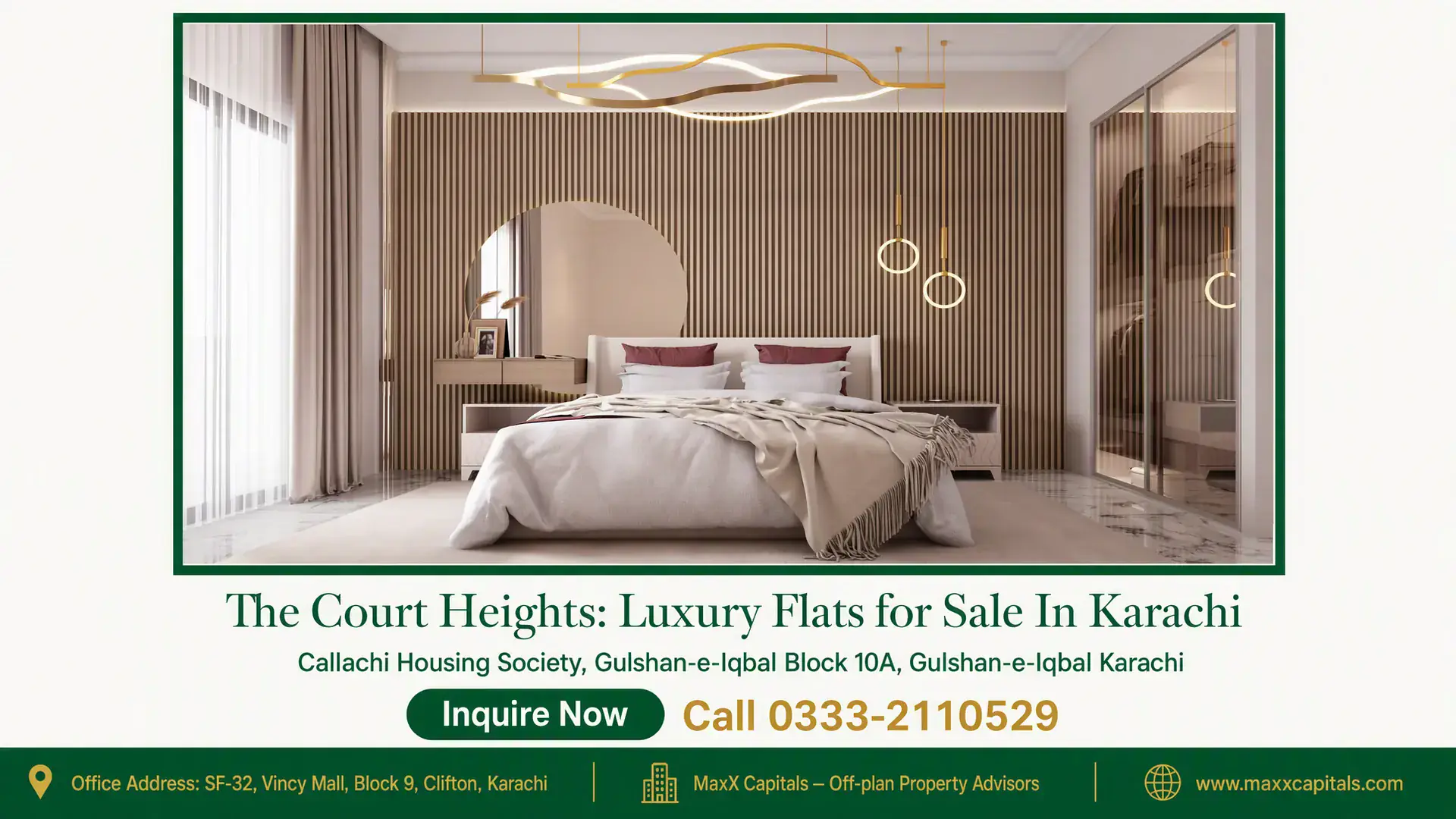 The Court Heights: Luxury Flats for Sale In Karachi Elegant master bedroom in The Court Heights with modern lighting, wooden textured walls, and floor-to-ceiling windows.