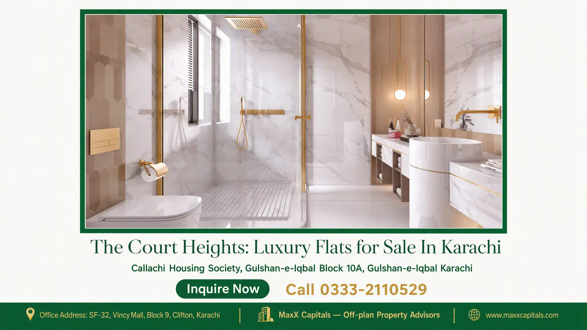 The Court Heights: Luxury Flats for Sale In Karachi Luxurious bathroom in The Court Heights featuring marble walls, a glass shower enclosure, and gold accents.