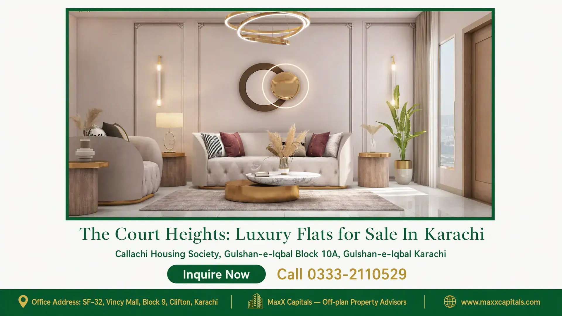 The Court Heights: Luxury Flats for Sale In Karachi Modern living room in The Court Heights featuring elegant furniture, ambient lighting, and a scenic window view.