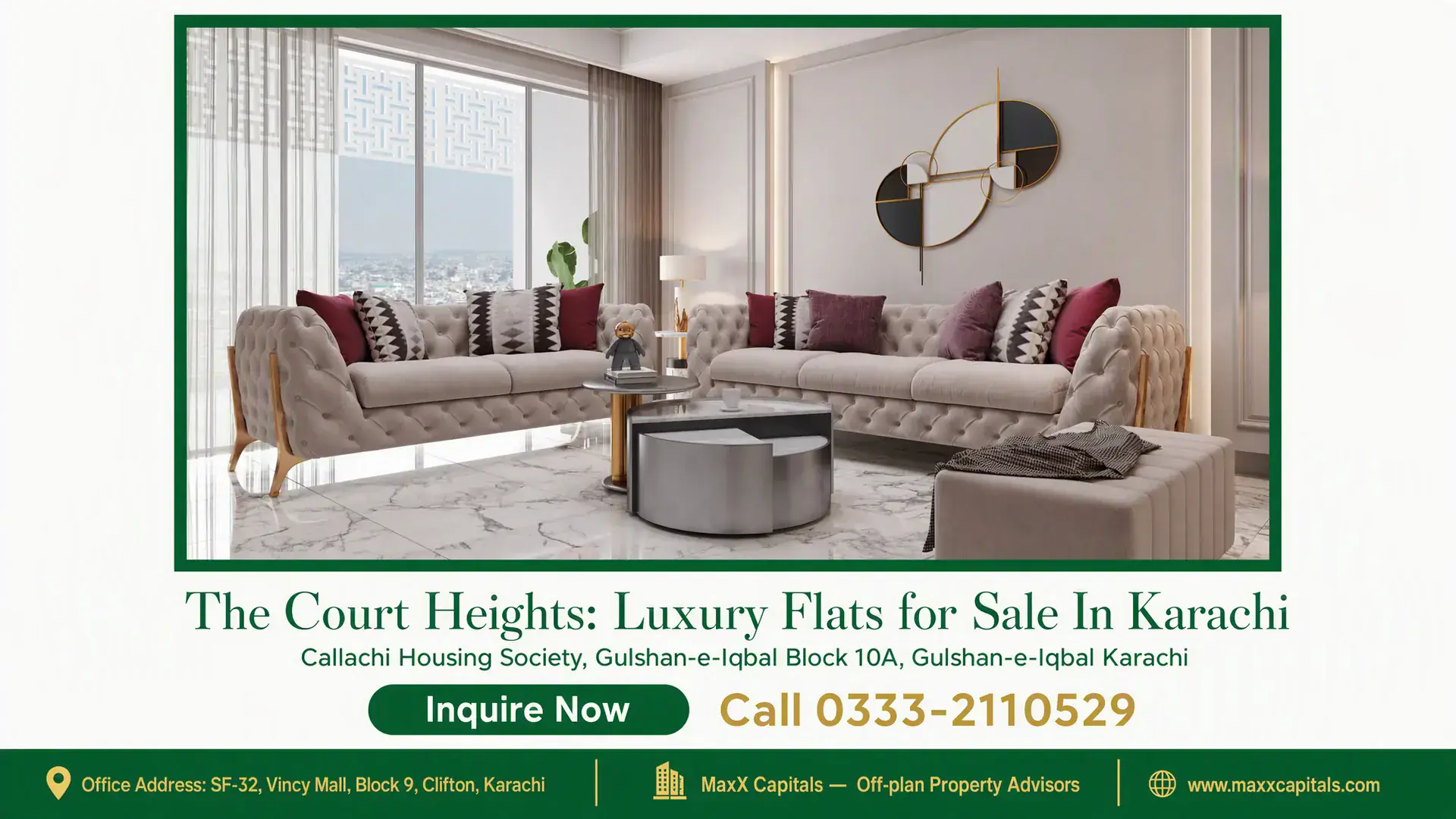 The Court Heights: Luxury Flats for Sale In Karachi Spacious living room in The Court Heights featuring tufted sofas, modern decor, marble flooring, and floor-to-ceiling windows