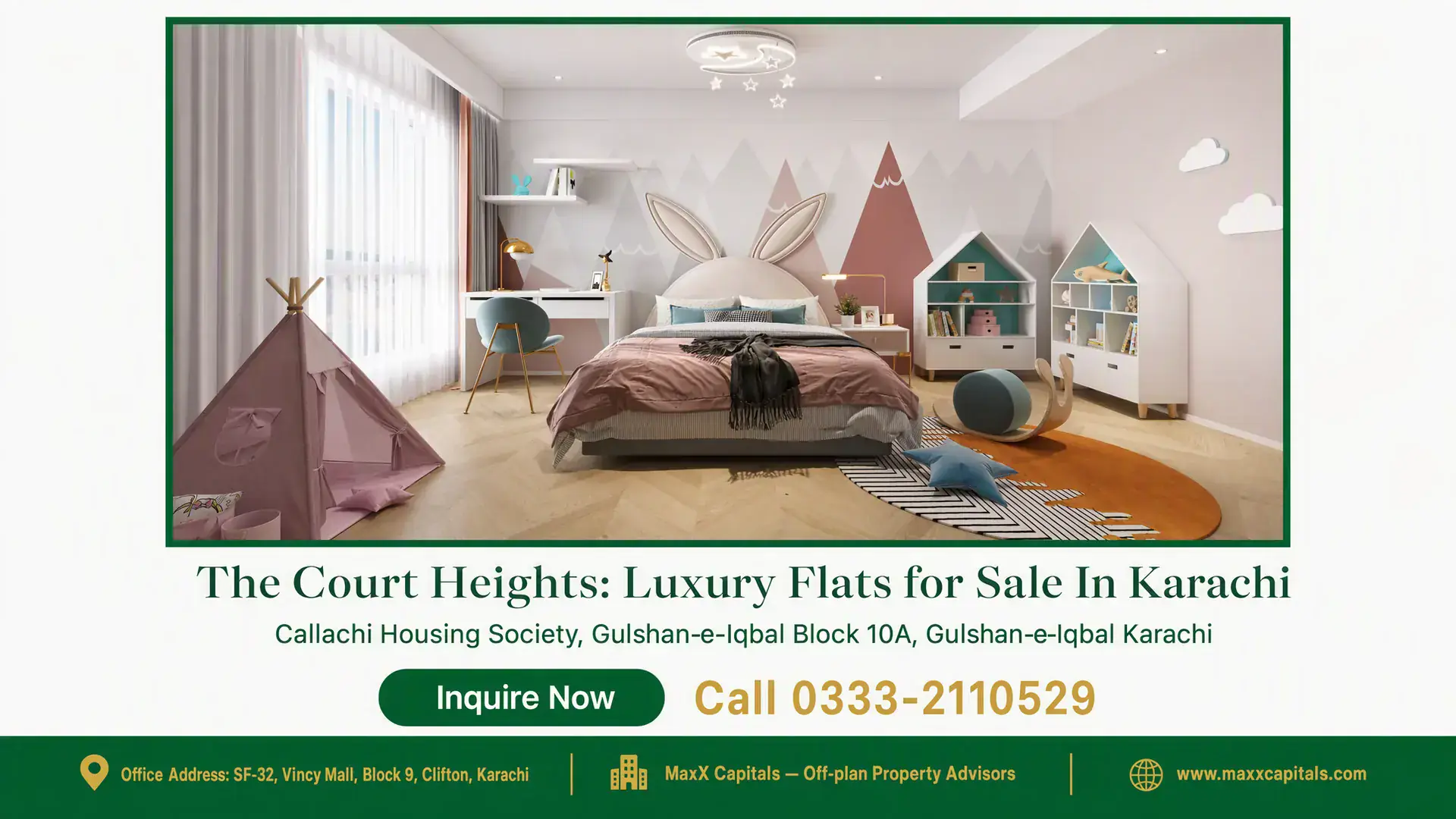 The Court Heights: Luxury Flats for Sale In Karachi Luxurious children's bedroom with a modern design at The Court Heights featuring a pastel color palette and playful decor.