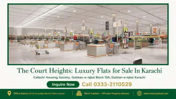 Spacious retail area with modern checkout counters, polished flooring, and ceiling lighting at The Court Heights in Karachi.