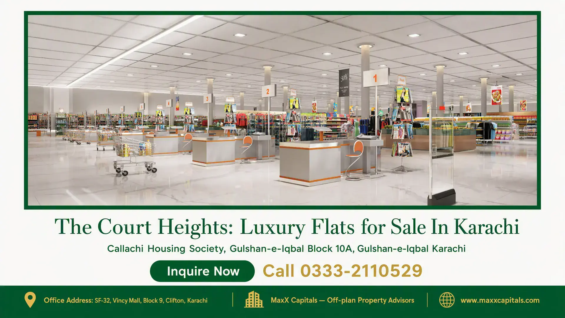 The Court Heights: Luxury Flats for Sale In Karachi Spacious retail area with modern checkout counters, polished flooring, and ceiling lighting at The Court Heights in Karachi.