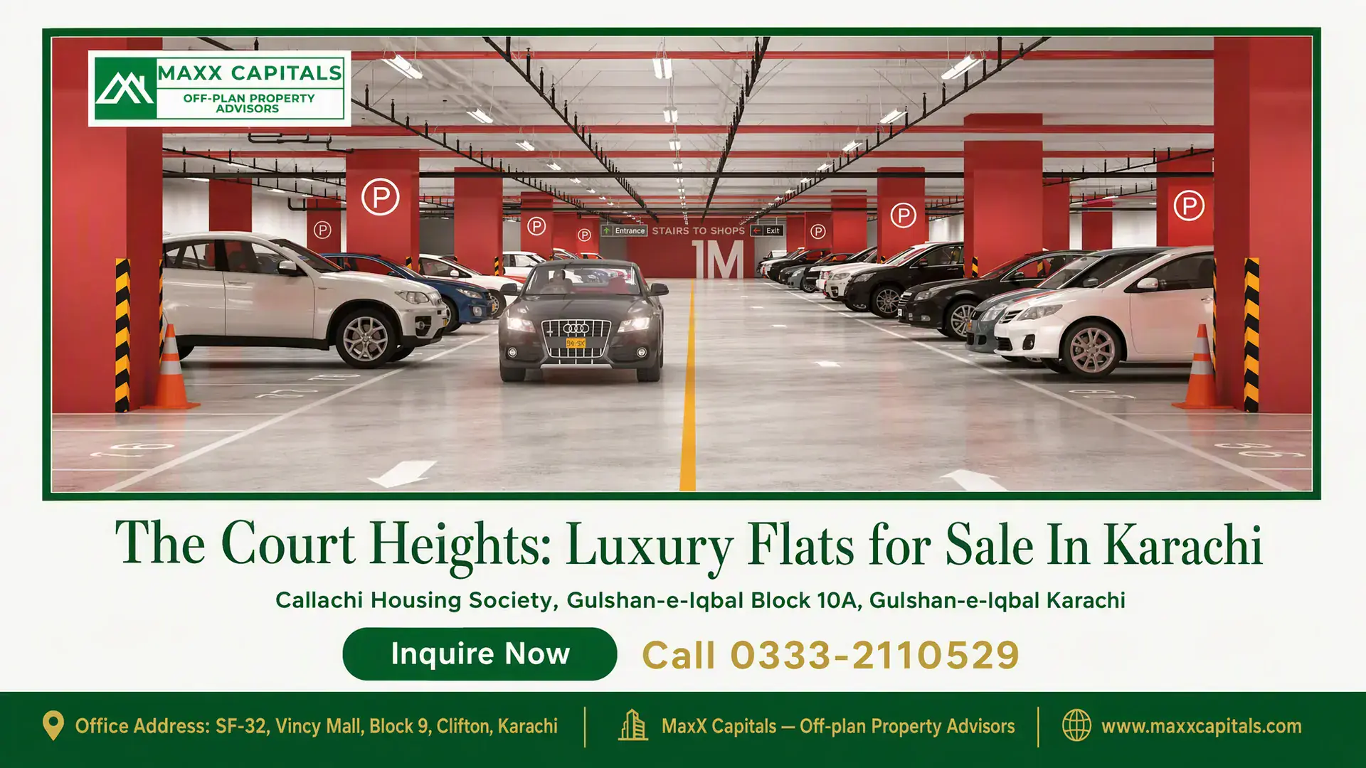 The Court Heights: Luxury Flats for Sale In Karachi Modern underground parking lot at The Court Heights in Karachi, featuring marked parking spots and bright red structural colu