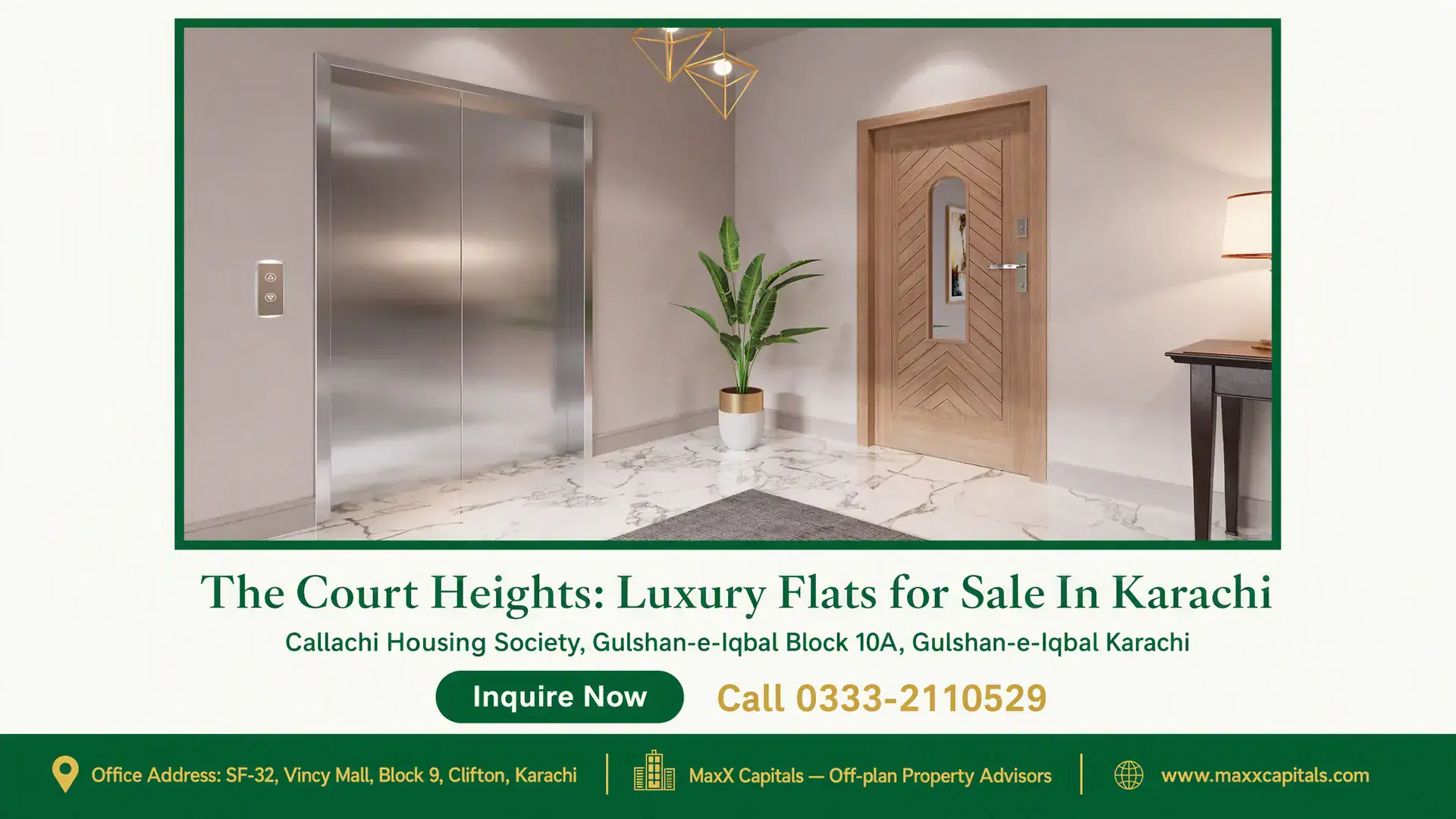 The Court Heights: Luxury Flats for Sale In Karachi Modern lobby of The Court Heights featuring an elegant elevator, marble flooring, chevron wood door, and sleek lighting fixtu
