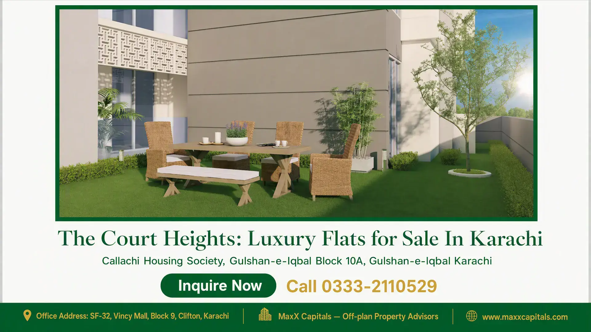 The Court Heights: Luxury Flats for Sale In Karachi Outdoor garden area at The Court Heights, featuring modern wicker furniture, lush greenery, and a sleek facade.