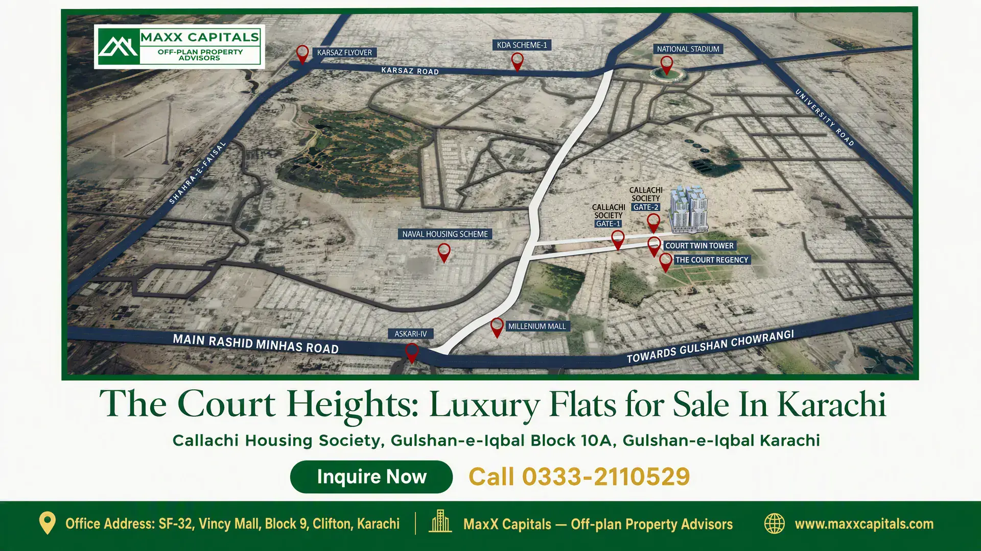 The Court Heights: Luxury Flats for Sale In Karachi Map showcasing The Court Heights in Callachi Housing Society, Gulshan-e-Iqbal, Karachi, with nearby landmarks and roads.