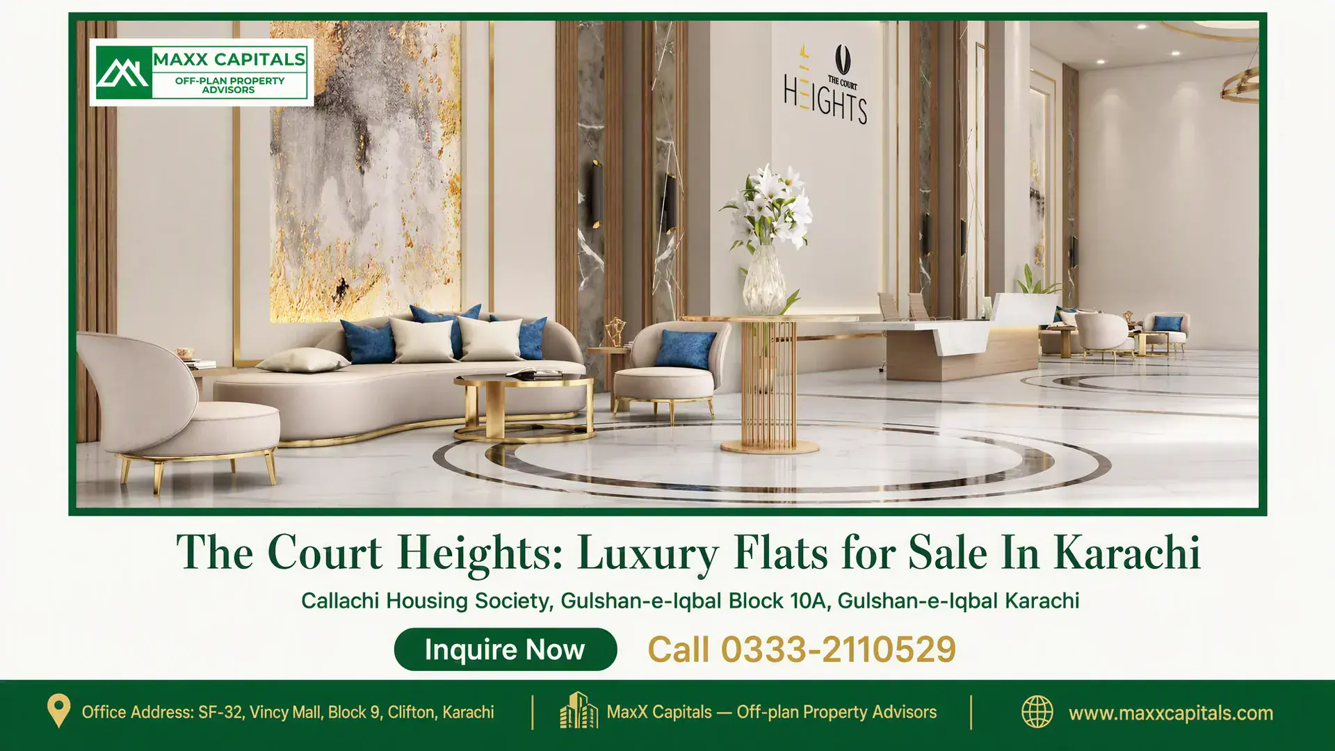 The Court Heights: Luxury Flats for Sale In Karachi Luxurious lobby area of The Court Heights in Karachi featuring modern seating, marble flooring, and elegant decor.