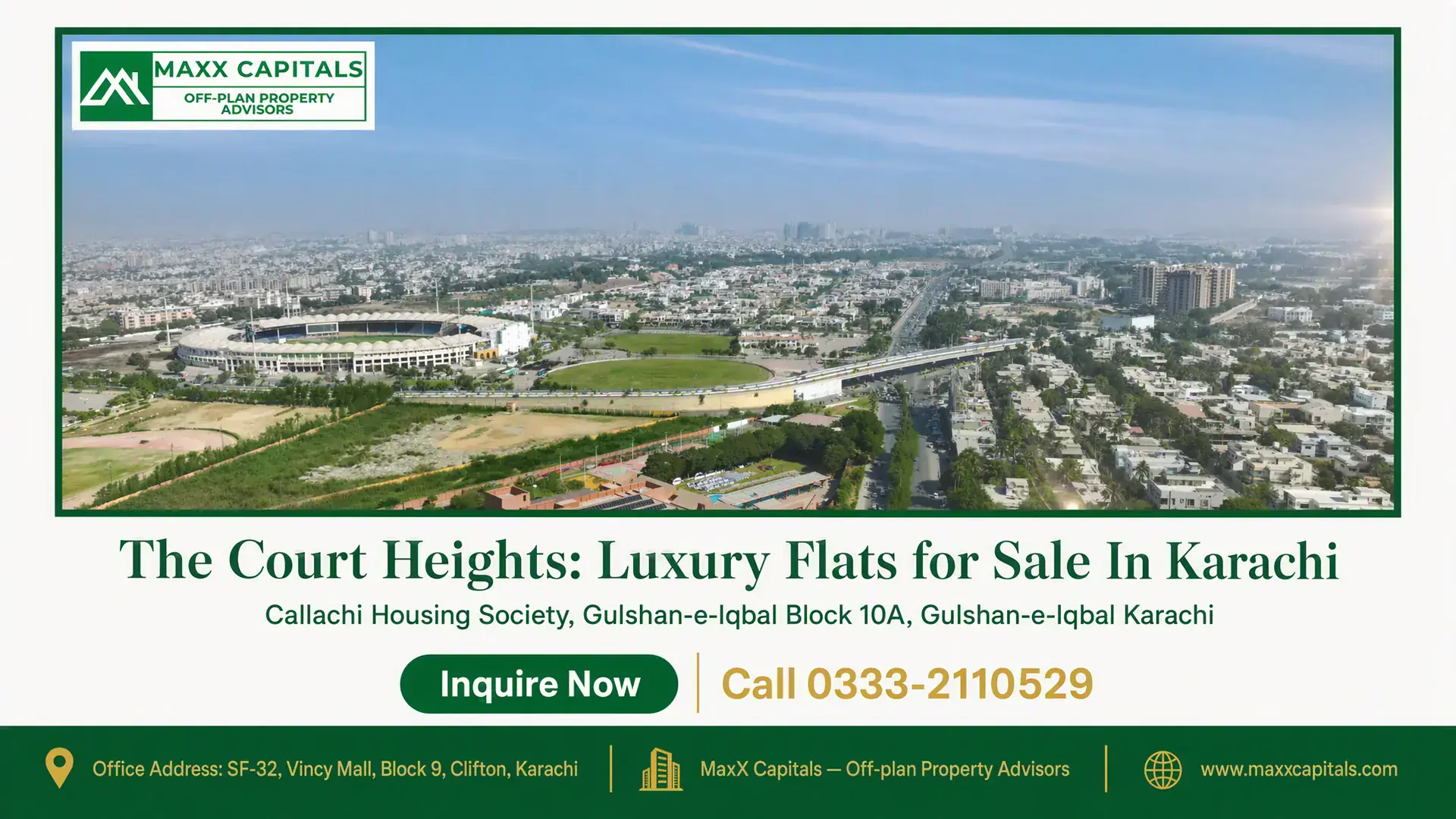 The Court Heights: Luxury Flats for Sale In Karachi Karachi cityscape featuring a sprawling urban view with The Court Heights situated near Gulshan-e-Iqbal and a stadium in focu